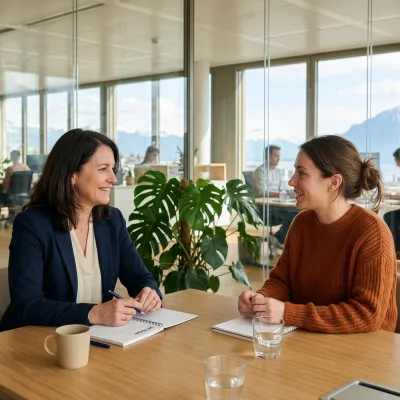 Réunion d'équipe bienveillante dans un open space moderne à Lausanne, responsable RH et collaboratrices en discussion ouverte.