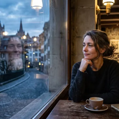 Femme active épuisée à son bureau dans un open space lausannois, regard dans le vide, tasse de café froide à côté d'elle.