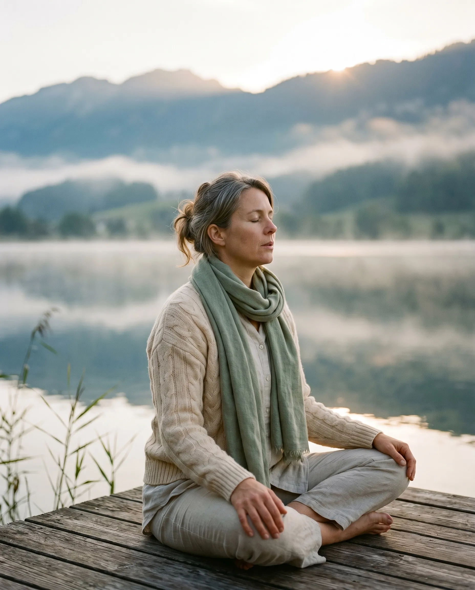 Femme apaisée pratiquant la respiration au bord d'un lac suisse au lever du jour, lumière dorée et montagnes en arrière-plan