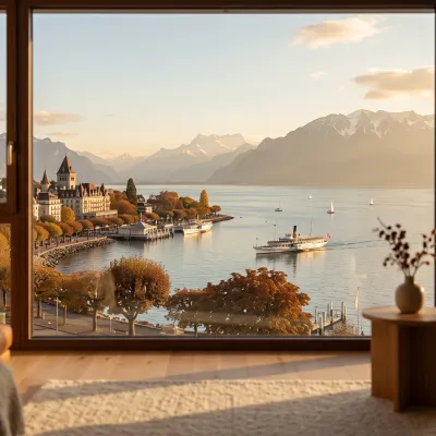 Vue sur le lac Léman depuis un cabinet de thérapie, quais de Lausanne, lumière de fin d'après-midi automnale.