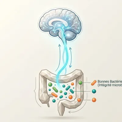 Illustration scientifique épurée de l'axe intestin-cerveau, représentation graphique du nerf vague et du système digestif sur fond blanc.