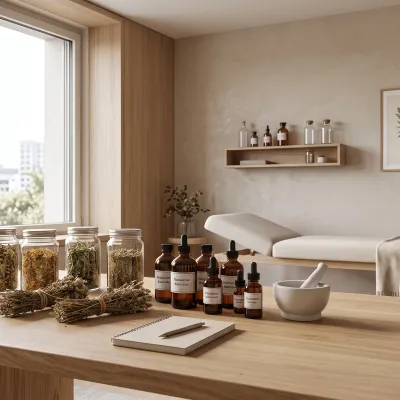 Cabinet de naturopathie à Genève, plantes médicinales séchées et flacons de teintures mères posés sur une table en bois clair.