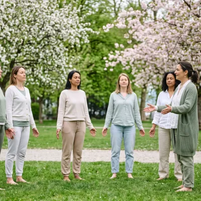 Séance de sophrologie en plein air dans un parc genevois, groupe de femmes en position debout les yeux fermés, instructor devant elles.